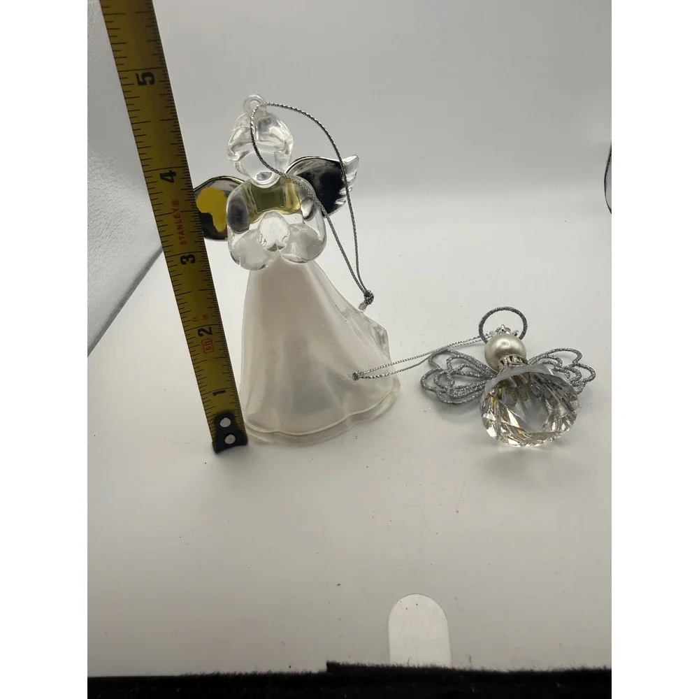 Clear Frosted Glass Crystal Angel Ornaments Set of 2 Silver Wings Holiday Decor